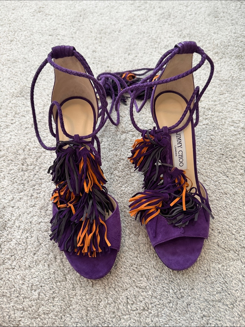 Jimmy Choo Purple Suede Fringe Lace-Up Heels with Orange & Black Accents